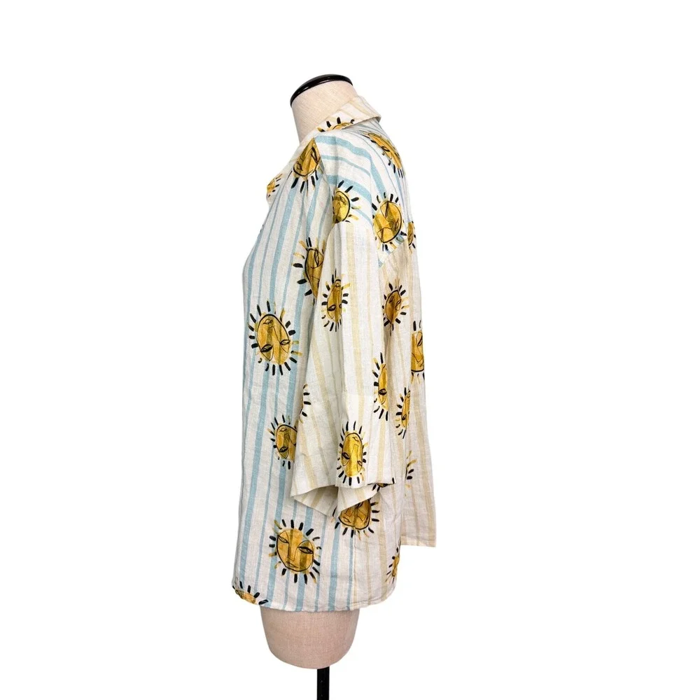 Anthropologie Sun Face Striped Linen Blend Button Down Shirt Blue‎ Yellow Small